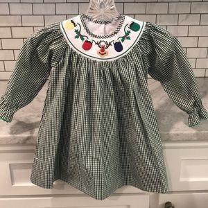 Christmas Dress Smocking Reindeer Embroidered Size 12 Month Girls Green White